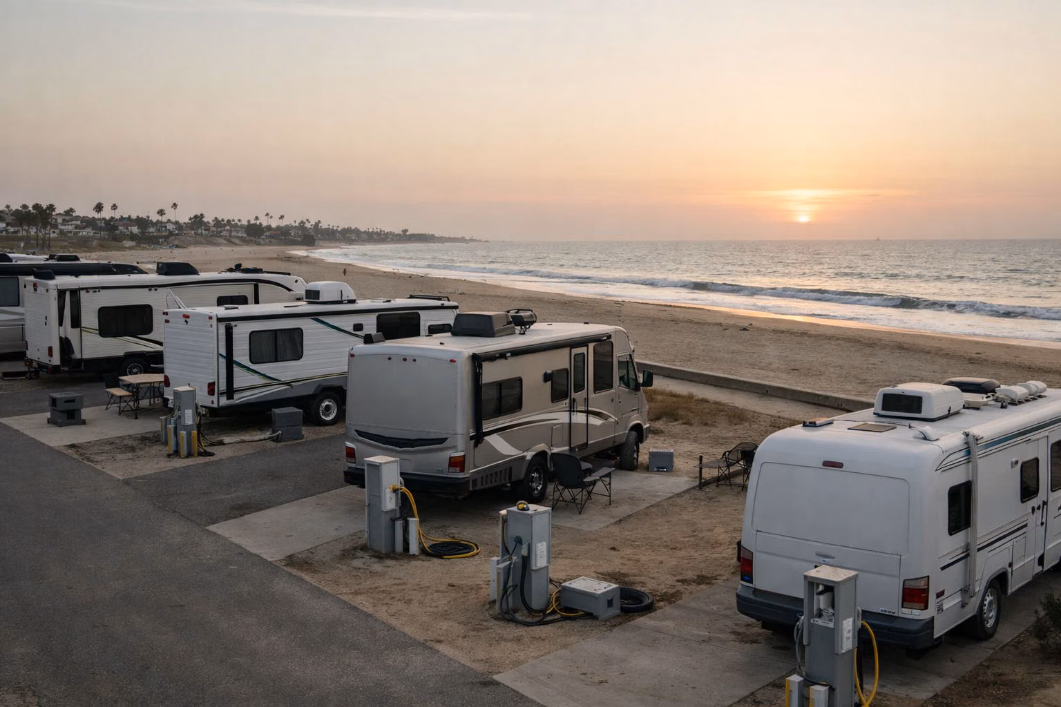 Motorhomes parked in paved beachfront RV campsites at sunset, with the ocean beyond