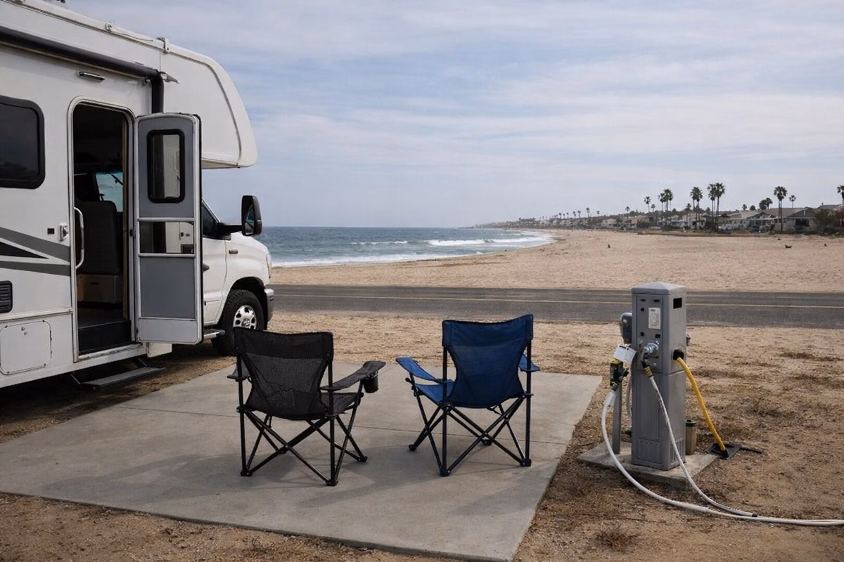 A paved RV campsite with a hookup post and folding chairs beside the beach