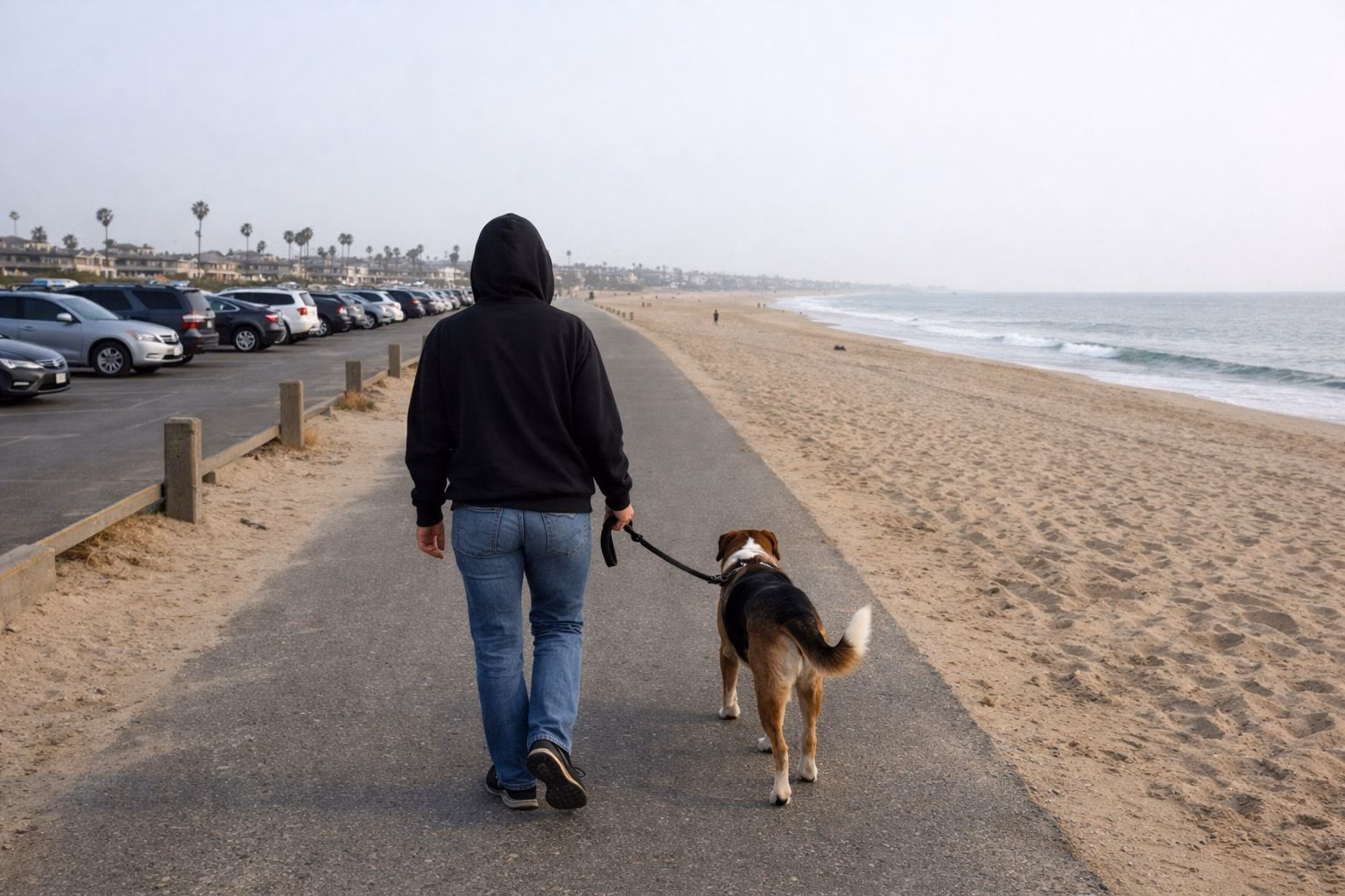 A person walking a leashed dog on a paved path between a beach parking lot and the sand
