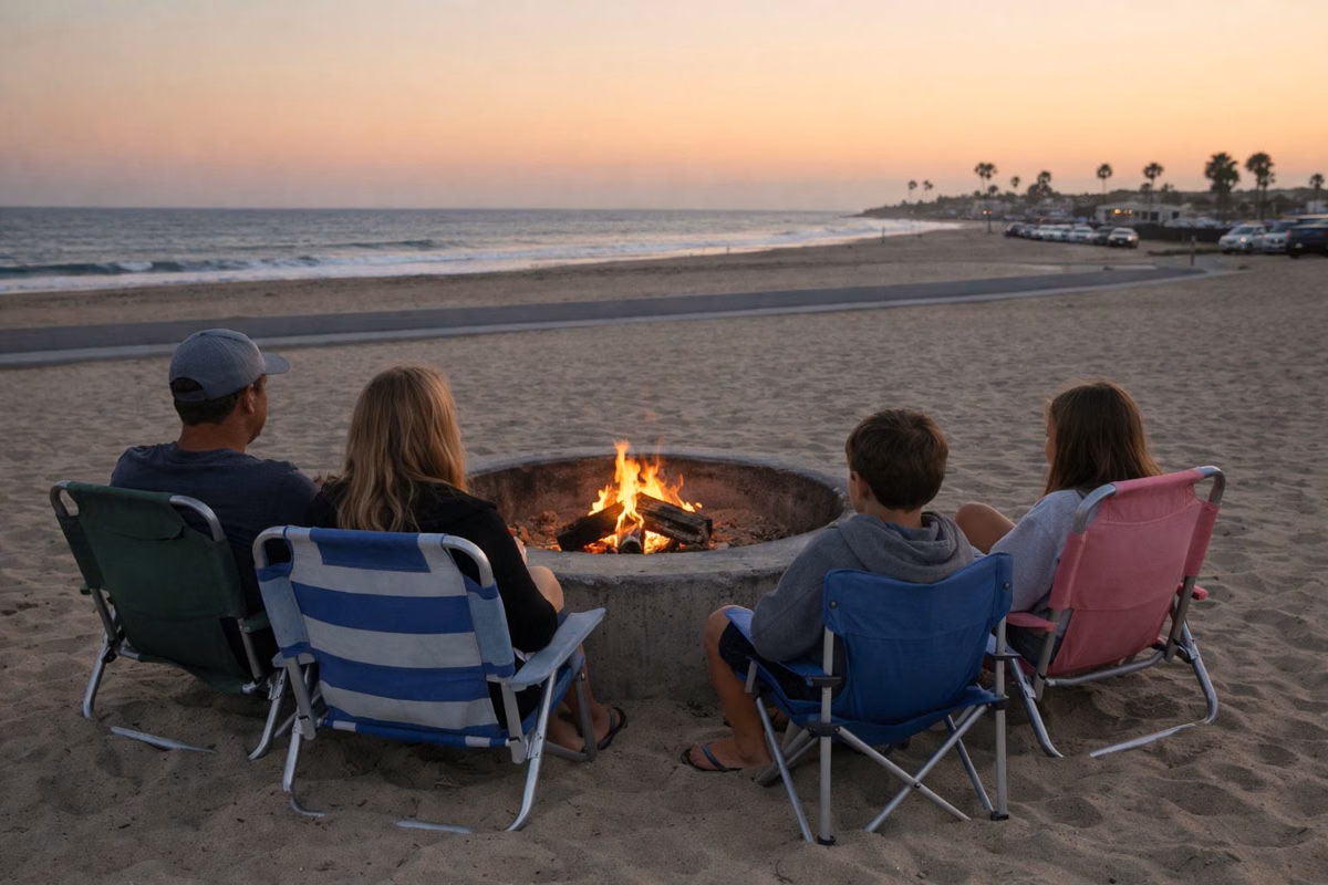 A family around a small wood fire in a concrete fire ring on the sand at dusk