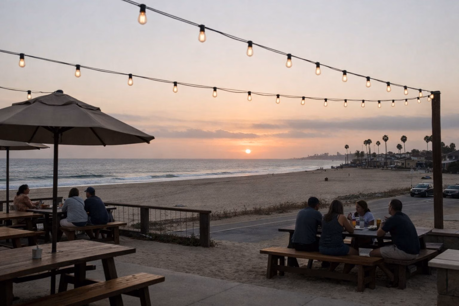 An open-air oceanfront patio with tables, string lights and umbrellas beside the beach