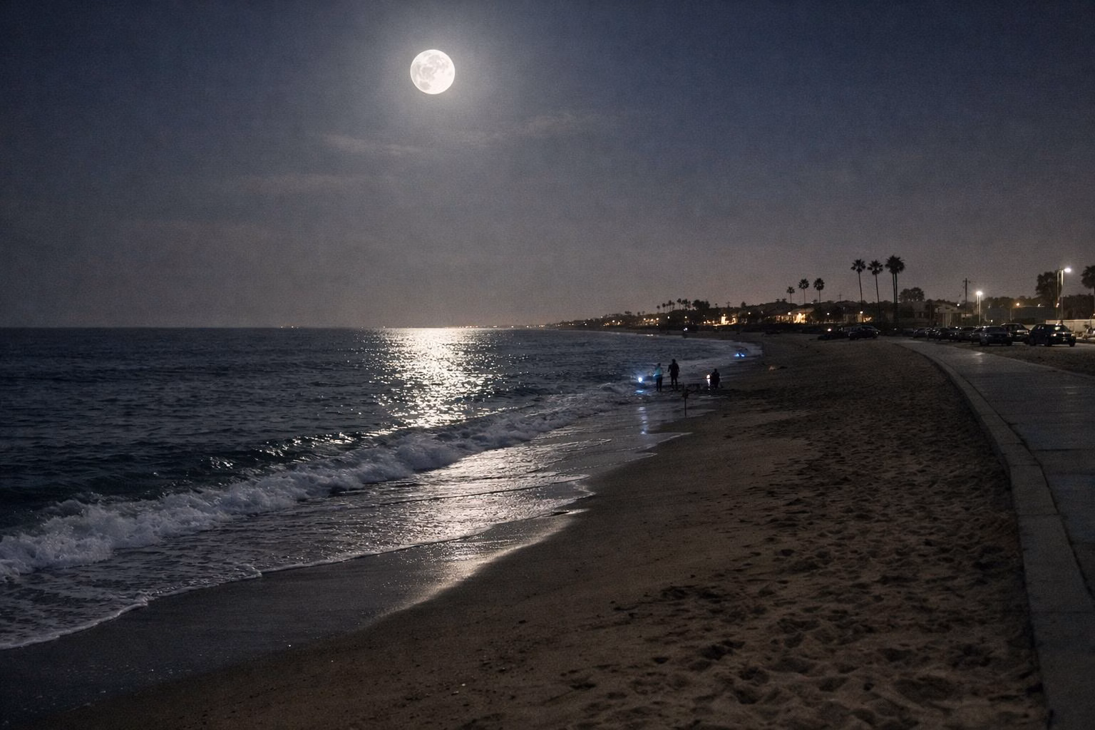 Moonlit waves washing up a wet sandy beach at night, with a few distant flashlights