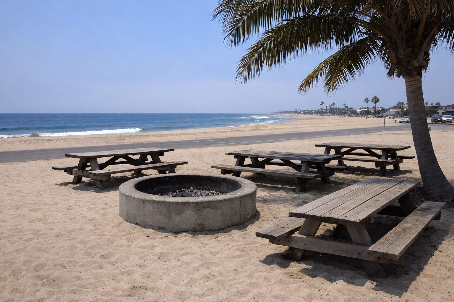 Wooden picnic tables and a concrete fire ring in a picnic area on the sand